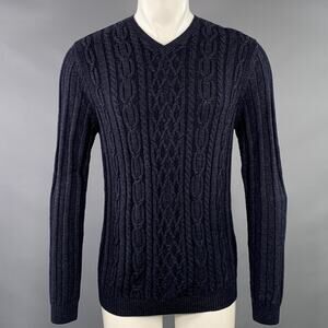 LENOR ROMANO Size M Navy Cable Knit Merino Wool V-Neck Pullover